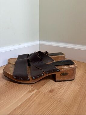 Vintage Candie's Brown Leather Wooden Clog Sandals